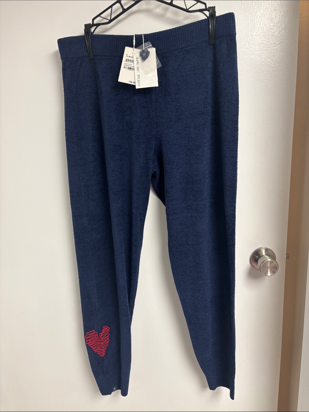 NWT - Barefoot Dreams Navy Knit Lounge pants embroidered with Red Heart Accent